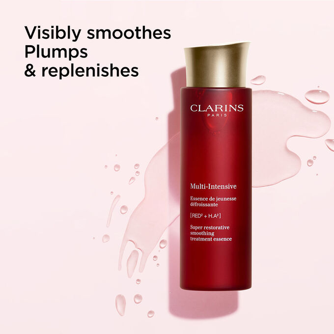 Packshot of Clarins Super Restorative Treatment Essence  with text emphasising its power to hydrate, smooth and plump skin.