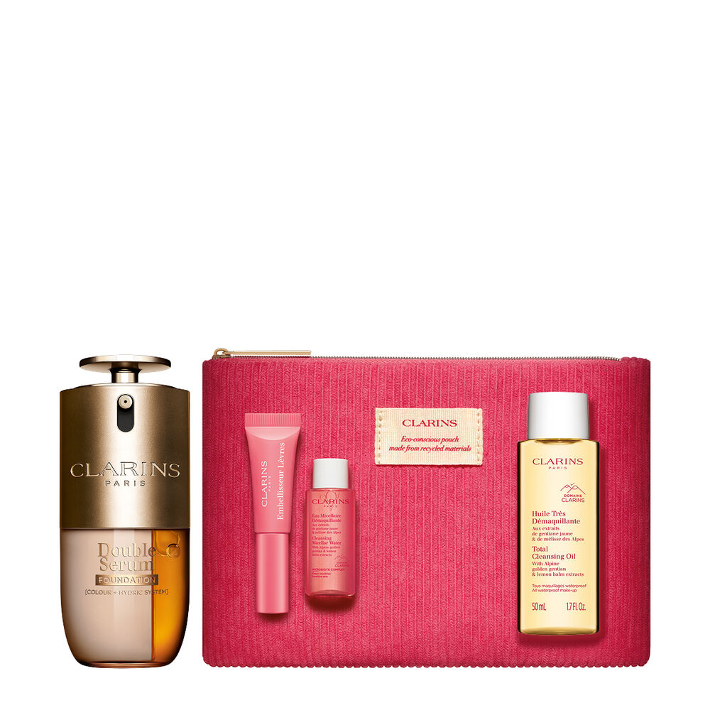 Packshot of Clarins Double Serum Foundation available for every skin tone, featuring key ingredients turmeric and papain