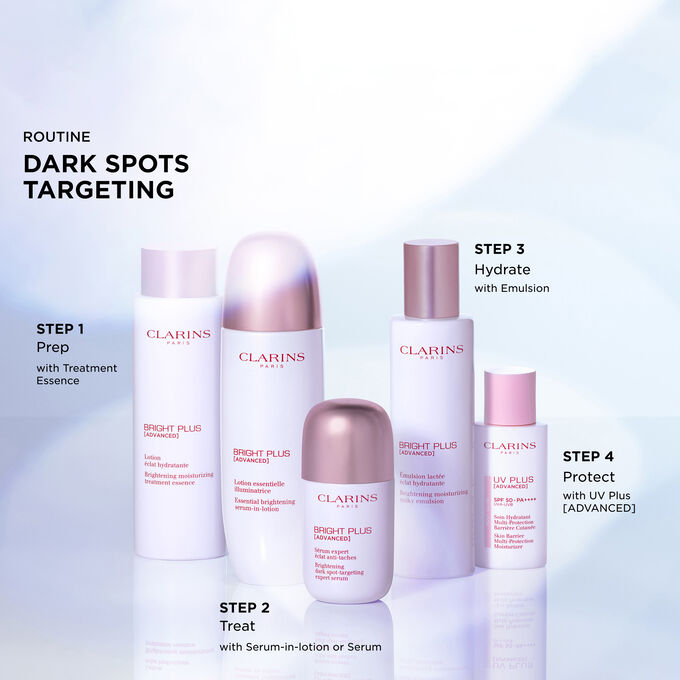 Presentation of Clarins must-haves for complete anti dark spots routine: prep, treat, hydrate and protect.
