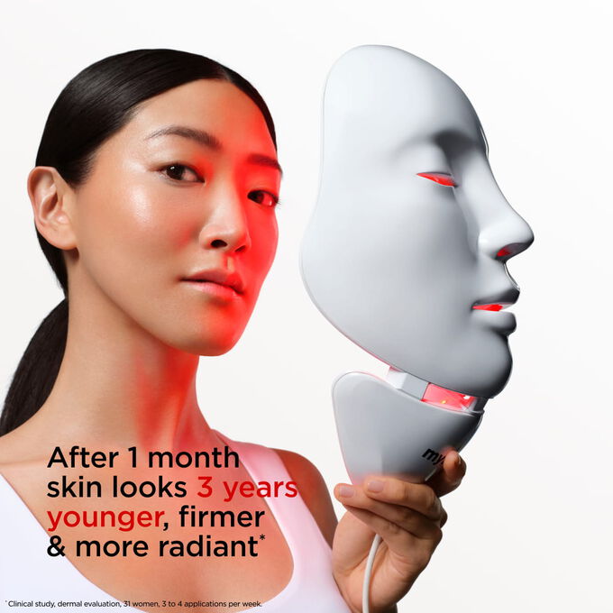 Close-up on model holding myLEDmask2 for face and neck, claiming its benefits to make the skin looks younger, firmer and more radiant