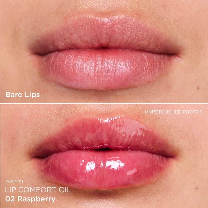 Before and after close-up of a woman&rsquo;s lips, showing the results after applying the dark pink lip oil