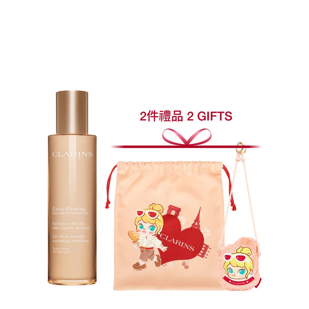 Packshot of Clarins Extra Firming Emulsion for all skin types, alongside mitracarpus plant, pecan seed, and collagen molecule