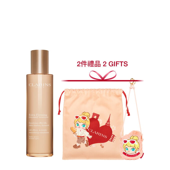 Packshot of Clarins Extra Firming Emulsion for all skin types, alongside mitracarpus plant, pecan seed, and collagen molecule