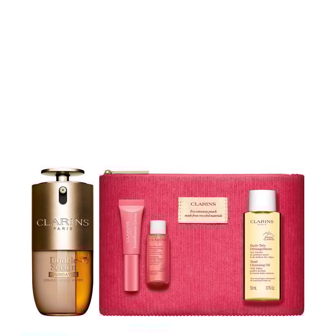 Packshot of Clarins Double Serum Foundation available for every skin tone, featuring key ingredients turmeric and papain