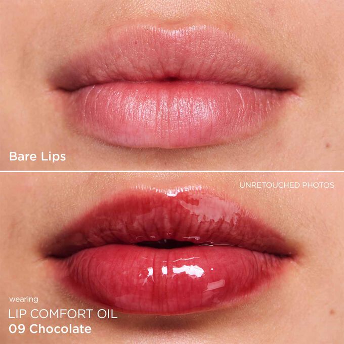 Before and after close-up of a woman&rsquo;s lips, showing the results after applying the chocolat ton lip oil
