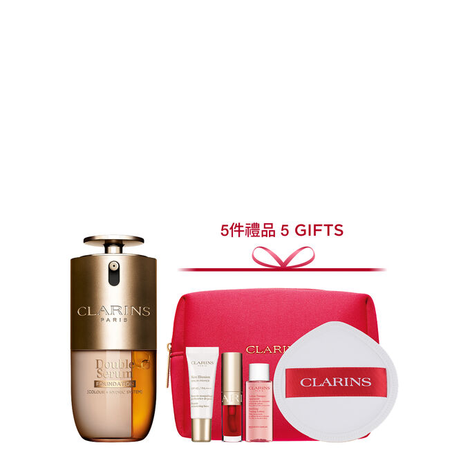 Packshot of Clarins Double Serum Foundation available for every skin tone, featuring key ingredients turmeric and papain