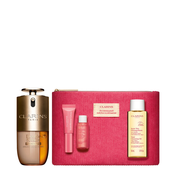 Packshot of Clarins Double Serum Foundation available for every skin tone, featuring key ingredients turmeric and papain