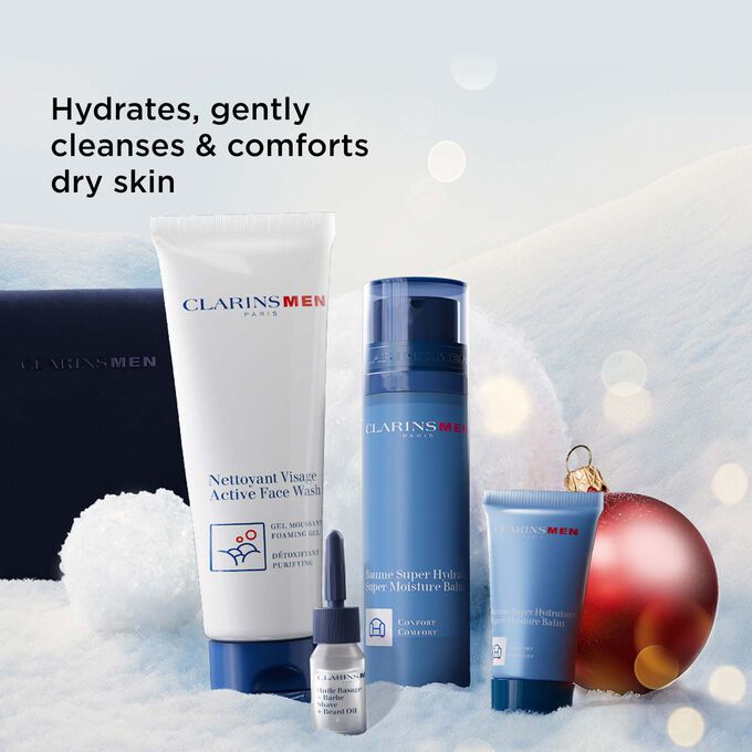 Packshot of Clarins Men Christmas gift set highlighting care that hydrates, cleanses, and soothes dry or sensitive skin types