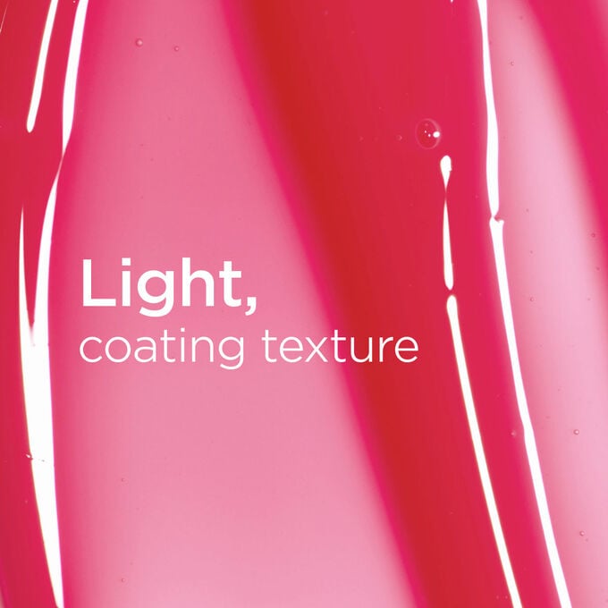 Textured glossy pink background with text highlighting the light, smooth coating texture of the Lip Oil Love Collection