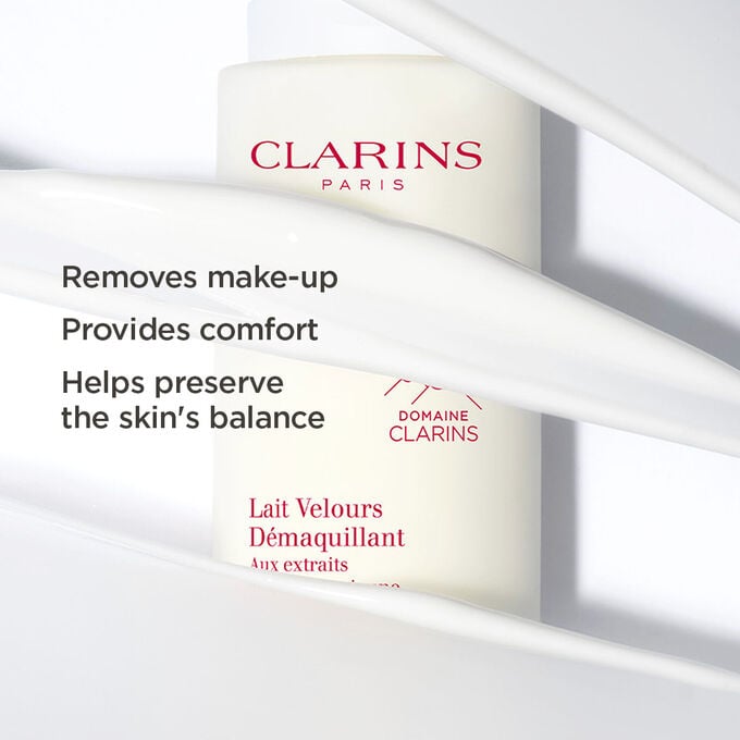 Packshot of the beige bottle of velvet cleansing milk Clarins half hided with text about its cleaning and purifying actions