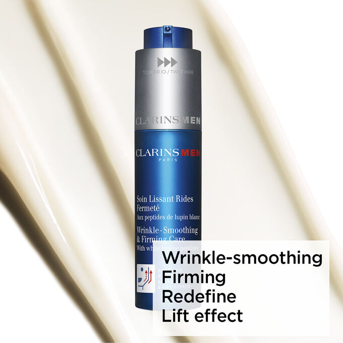 Packshot of the wrinkle smoothing and firming men's care on a textured background to highlight its firming and lifting effects.