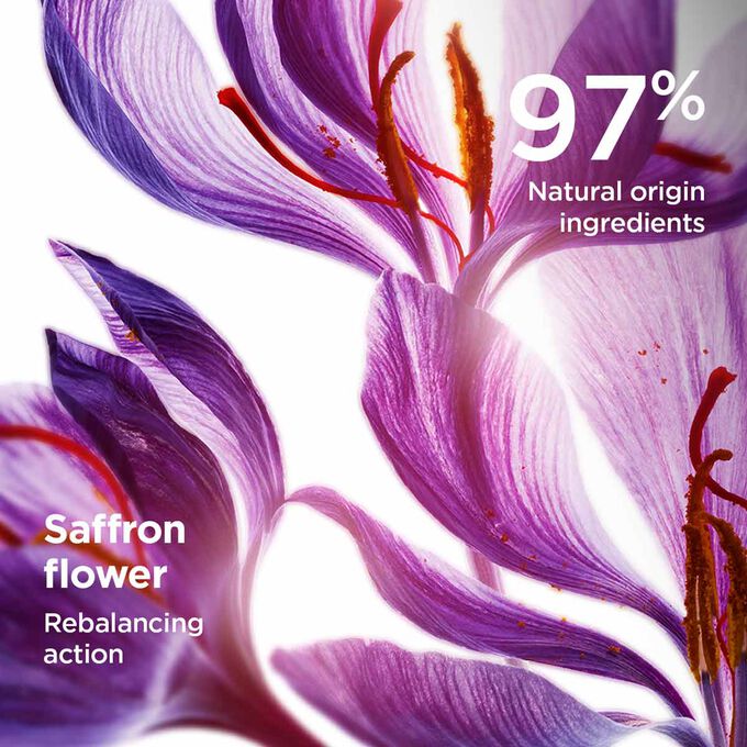 Showcase the saffron flower&rsquo;s highlighting that the purifying toning lotion is made with 97% natural ingredients.