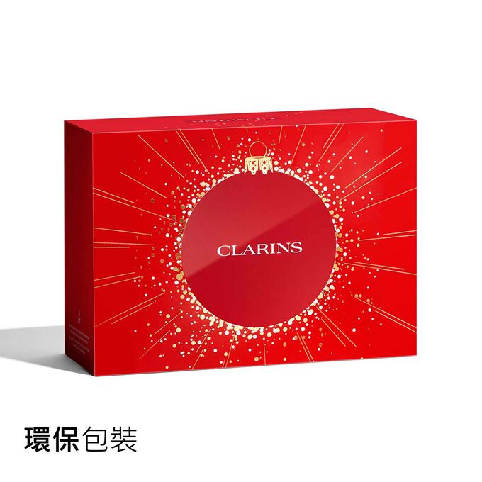 採用環保包裝的Clarins聖誕禮盒宣傳照，強調產品為可持續發展設計和貼心的贈禮。