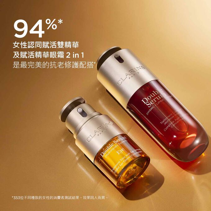 賦活雙精華及賦活精華眼霜 2 In 1的宣傳照，展示無與倫比的抗老護膚程序