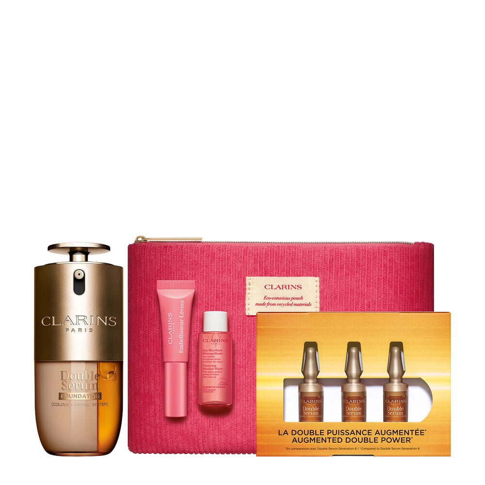 Clarins賦活精華粉底液宣傳照，適合各種膚色，主要成分為薑黃和木瓜酵素 