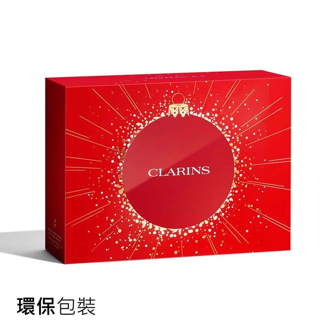 採用環保包裝的Clarins聖誕禮盒宣傳照，強調產品為可持續發展設計和貼心的贈禮。
