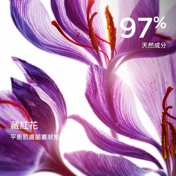 以藏紅花為主角，強調植萃淨化爽膚露(混合至油性肌適用)含有97%天然成分。