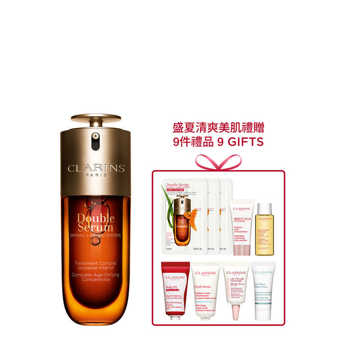 Clarins賦活雙精華放在其成分（包括薑黃）前面的金色背景宣傳照