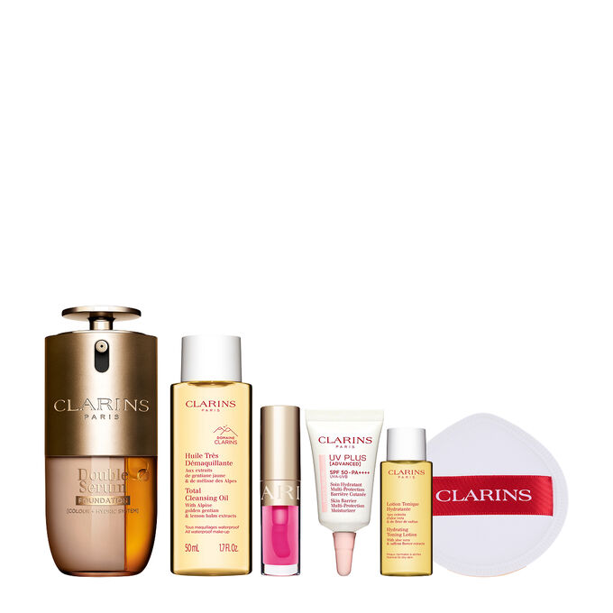 Clarins賦活精華粉底液宣傳照，適合各種膚色，主要成分為薑黃和木瓜酵素 