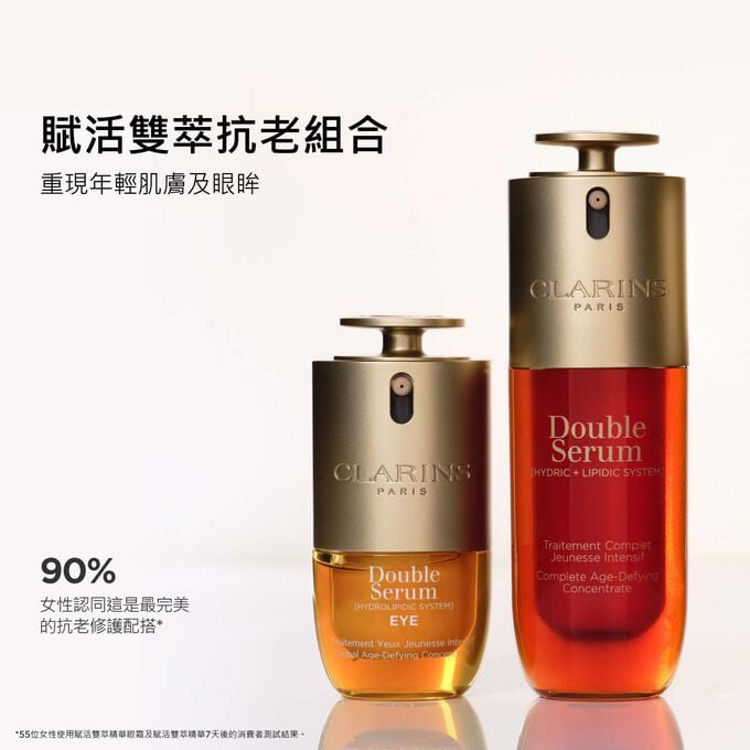 賦活雙精華及賦活精華眼霜 2 In 1的宣傳照，展示無與倫比的抗老護膚程序