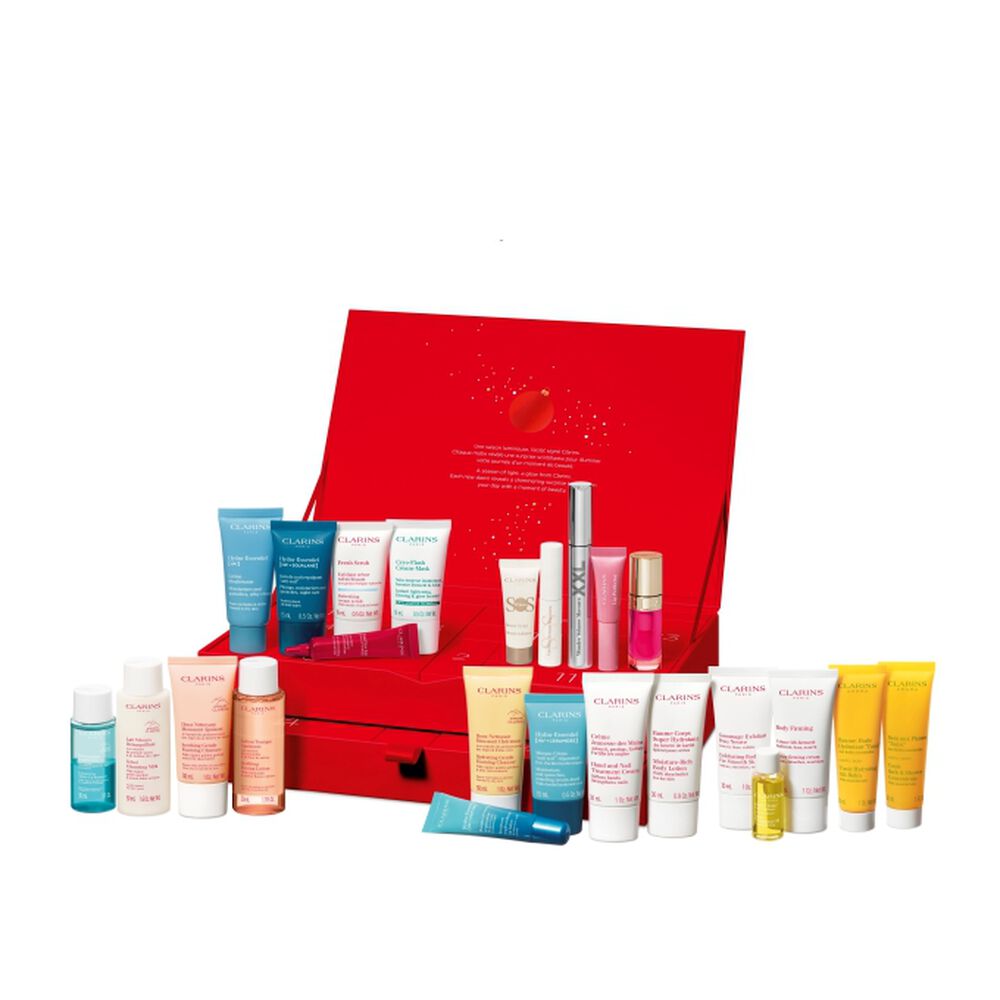 Clarins 24天美肌聖誕倒數月曆宣傳照，內含日常美妝護膚程序的必備產品