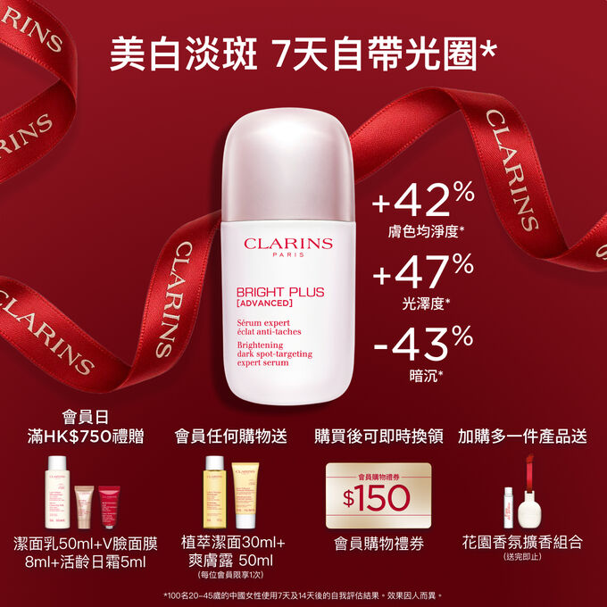 Clarins亮白維他命C精華宣傳照，旁邊是西印度櫻桃果和菸鹼醯胺分子。
