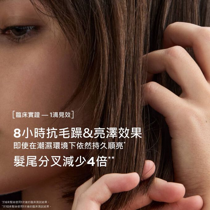 Anti-frizz hair oil treatment for eight hours of shine and four times less split ends, even in humid conditions.