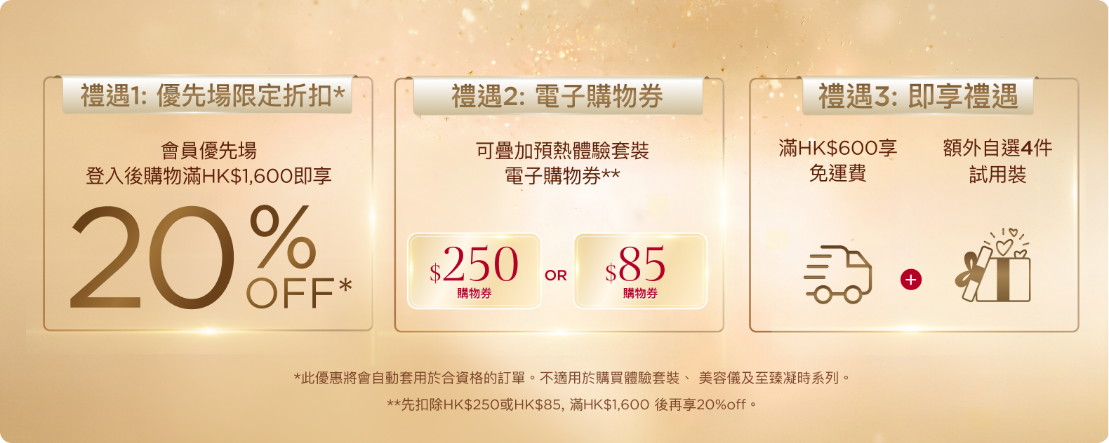 禮遇1 優先場限定折扣 · 禮遇2 電子購物券 · 禮遇3 即享禮遇
